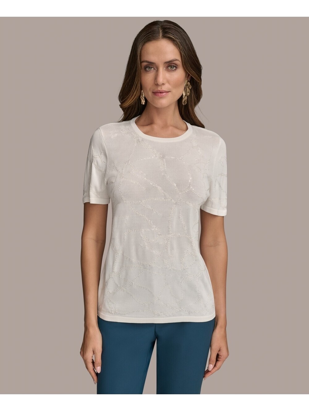 Donna Karan New York Womens Short-Sleeve Sequin De Cream XS